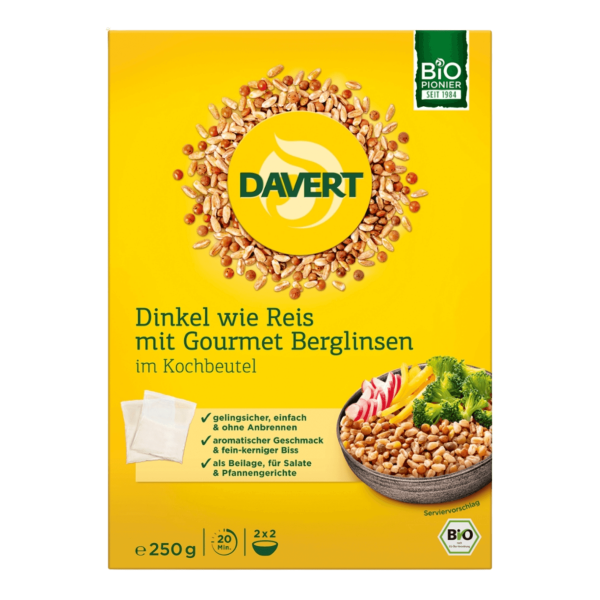 Davert Bio Dinkel wie Reis mit Gourmet Berglinsen im Kochbeutel, 250g