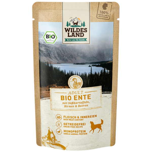 Wildes Land Bio Hunde Nassfutter Ente und Süßkartoffel, 125 g Beutel