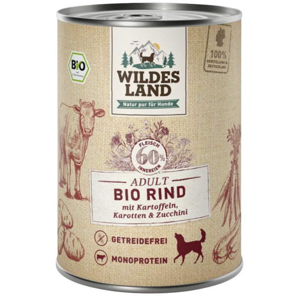 Wildes Land Bio Hunde Nassfutter Rind mit Kartoffeln, Karotten &amp; Amaranth, 400 g Dose