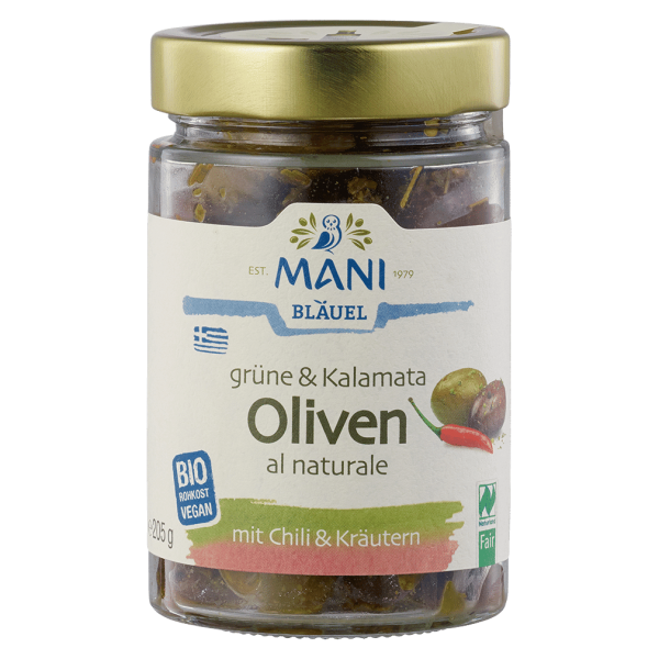 Mani Bio Grüne &amp; Kalamata Oliven, Chili &amp; Kräuter