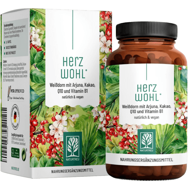 Naturtreu Herzwohl Weißdorn mit Arjuna, Kakao, Q10 und Vitamin B1, 60 Kapseln