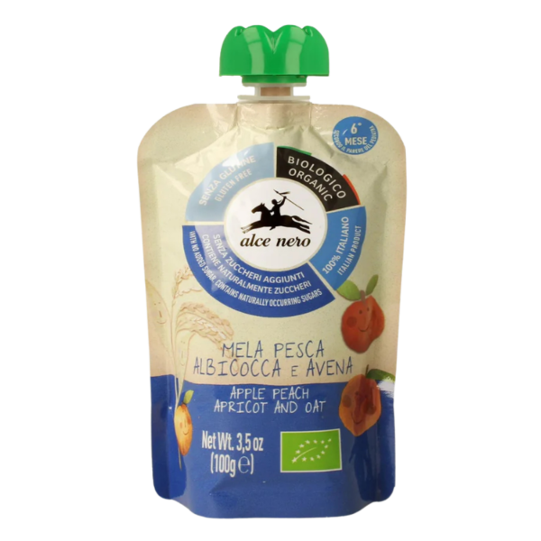 Alce Nero Bio Apfel-Pfirsich-Aprikose mit Hafer im Quetschbeutel, 100g