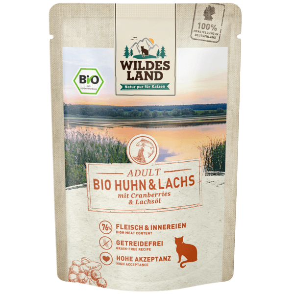 Wildes Land Bio Katzen Nassfutter Huhn &amp; Lachs, 85 g Beutel