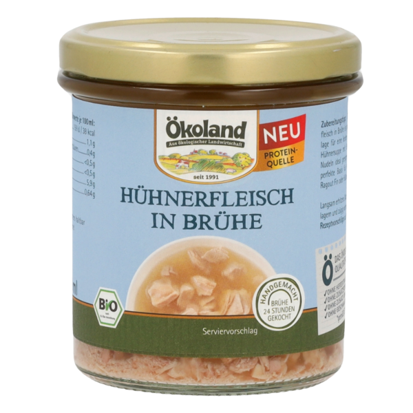 Ökoland Bio Hühnerfleisch in Brühe, 20% Hühnerfleisch