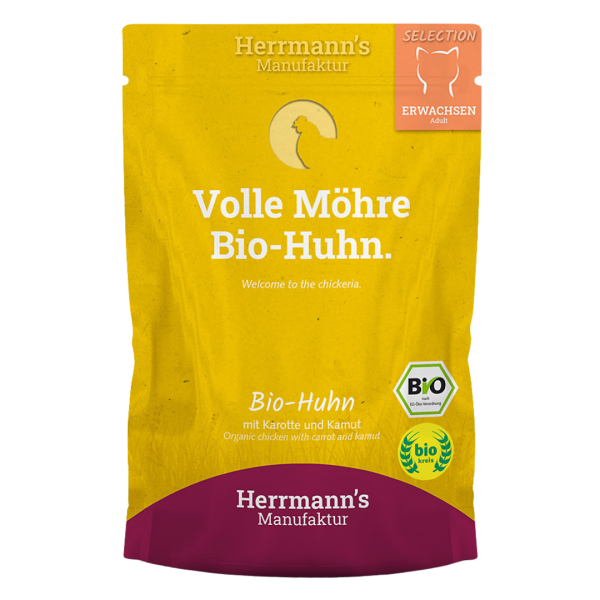 Herrmann&#039;s Manufraktur Bio Katzen Nassfutter Huhn mit Karotte und Kamut