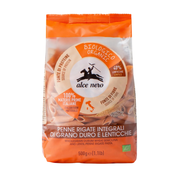 Alce Nero Bio Penne Rigate aus Vollkornhartweizen und Linsen, 500g