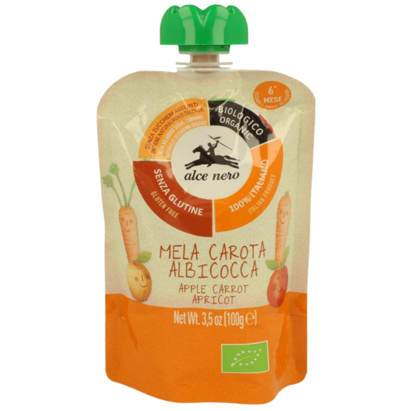 Alce Nero Bio Apfel-Karotten-Aprikosen-Püree im Quetschbeutel, 100g