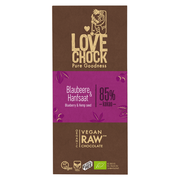 LOVECHOCK Bio Raw Blaubeere-Hanfsaat Schokolade