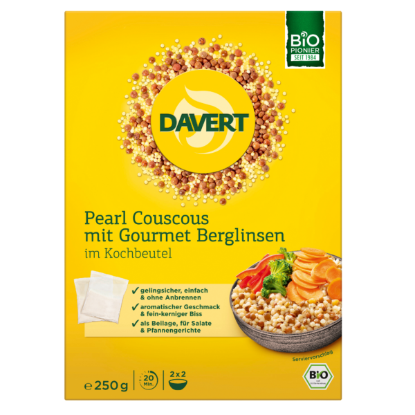 Davert Bio Pearl Couscous mit Gourmet Berglinsen im Kochbeutel, 250g