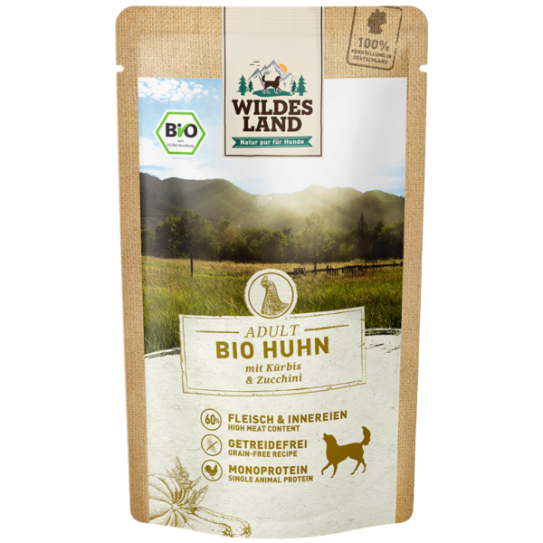 Wildes Land Bio Hunde Nassfutter Huhn mit Amaranth, 125 g Beutel