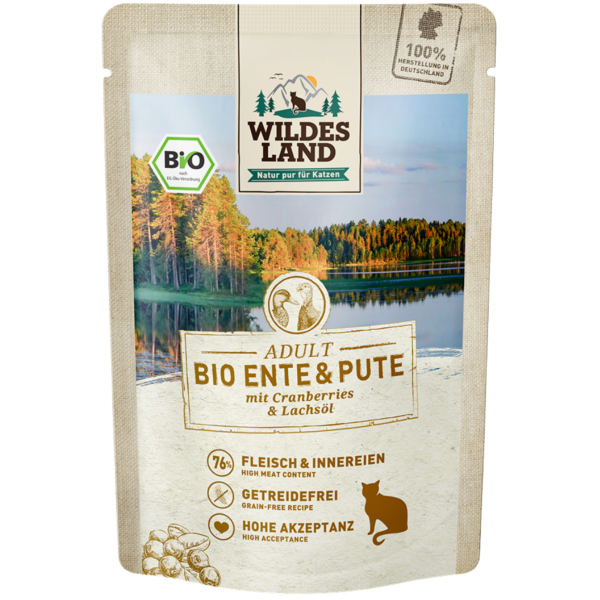 Wildes Land Bio Katzen Nassfutter Ente &amp; Pute, 85 g Beutel