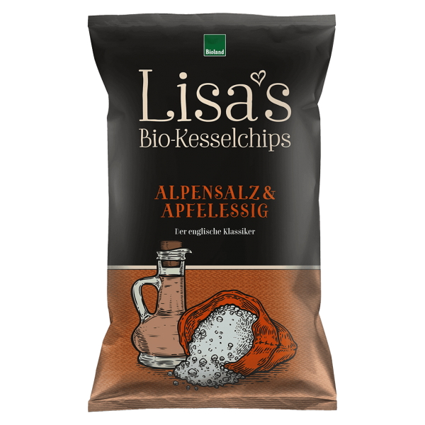 Lisa&#039;s Bio Kesselchips Alpensalz und Apfelessig MHD 16.09.2023