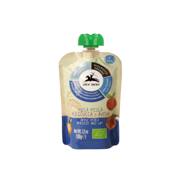 Alce Nero Bio Apfel-Pfirsich-Aprikosen-und Hafer-Püree, 100g