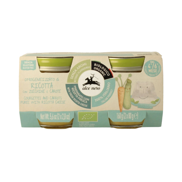 Alce Nero Bio Babygläschen Ricotta mit Zucchini und Karotten, 160g