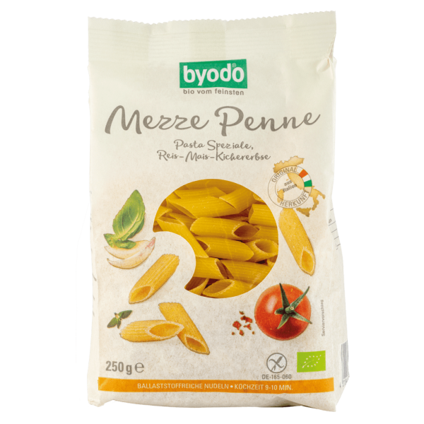 byodo Bio Mezze Penne Reis-Mais-Kichererbse, 250 gr Packung