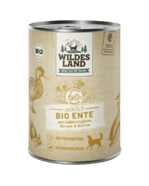 Wildes Land Bio Hunde Nassfutter Ente mit Süßkartoffeln, 400 g Dose