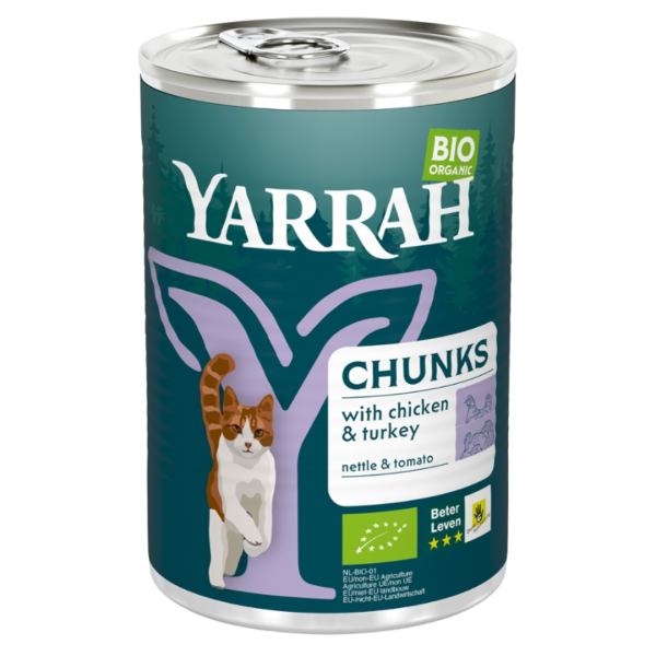 Yarrah Bio Katzenfutter Bröckchen Huhn &amp; Truthahn, 405g Dose