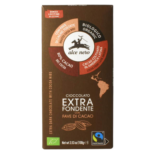 Alce Nero Bio Zartbitterschokolade 80 % mit Kakaonibs, 100 g