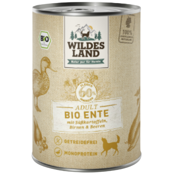 Wildes Land Bio Hunde Nassfutter Ente mit Süßkartoffeln, 400 g Dose