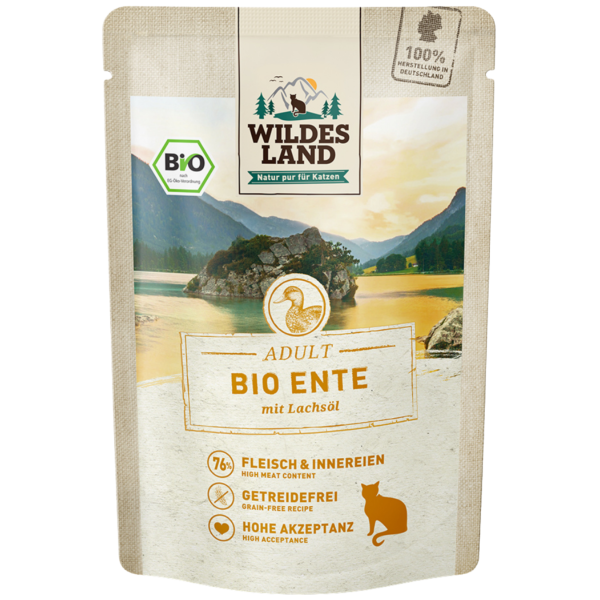 Wildes Land Bio Katzen Nassfutter Ente, 85 g Beutel