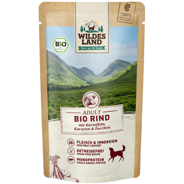 Wildes Land Bio Hunde Nassfutter Rind mit Kartoffel, 125 g Beutel