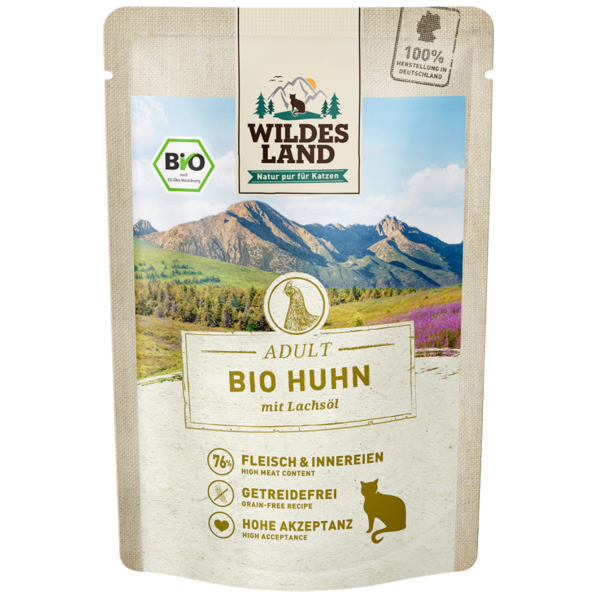 Wildes Land Bio Katzen Nassfutter Huhn, 85 g Beutel